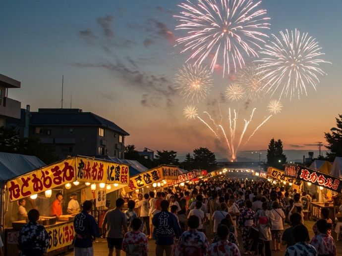 夏の柏イベントを象徴する盆踊りと花火の写真風バナー画像