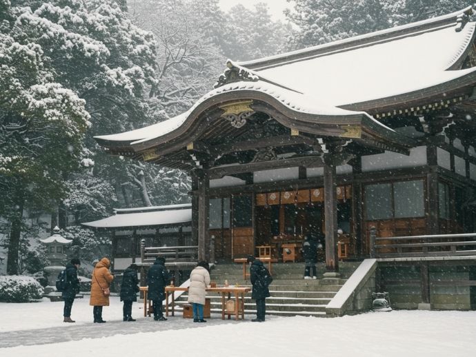 冬の柏イベントを表す初詣と雪景色の静かなバナー画像