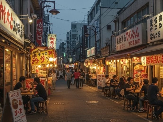 柏市の駅周辺で楽しむB級グルメ巡り。カレー、餃子、ラーメン、ハンバーガーなど多彩な地元料理を味わう人々と飲食店が並ぶにぎやかな街並み。