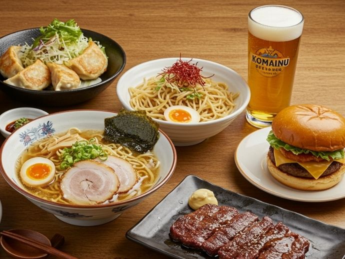 柏市の人気B級グルメが並ぶ木のテーブルの食卓風景