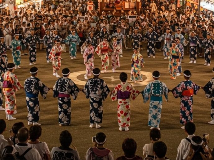 天心祭の盆踊りステージで、浴衣姿の人々が輪になって踊る様子