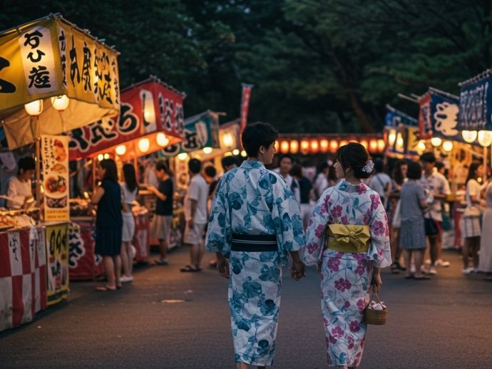 浴衣姿のカップルが天心祭りの会場を歩き、提灯の光に包まれたロマンチックな雰囲気を楽しむ様子