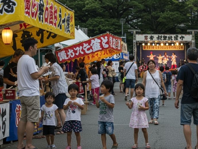 天心祭りで家族がステージや屋台を楽しみながら過ごす様子