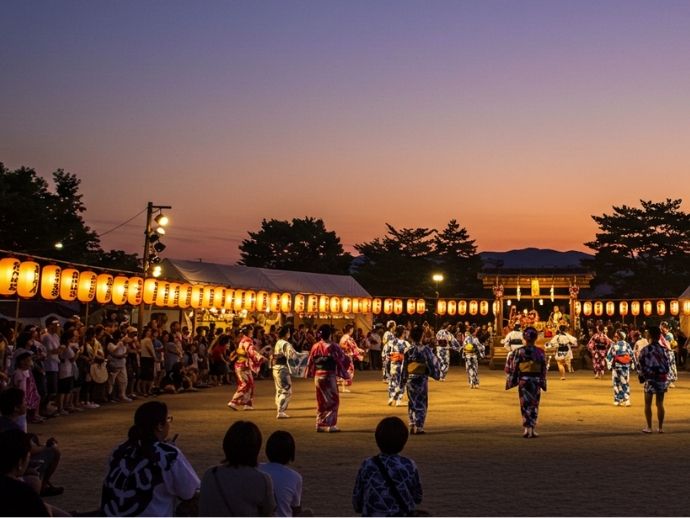 笠間の夏祭りで盆踊りの輪が広がる夕暮れの写真風バナー画像