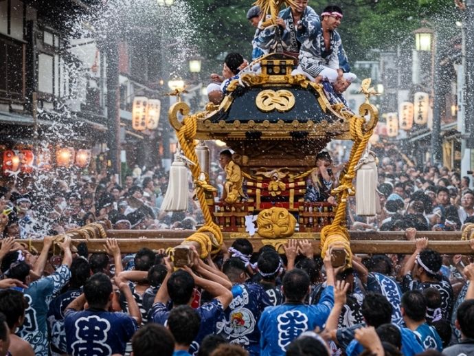 深川八幡祭りで水を浴びながら二ノ宮神輿を担ぐ担ぎ手たち