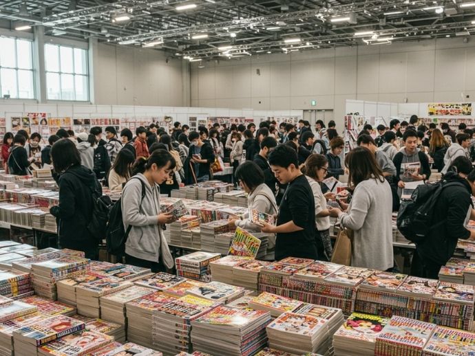 コミックマーケットで並ぶ多彩な同人誌と来場者の交流風景